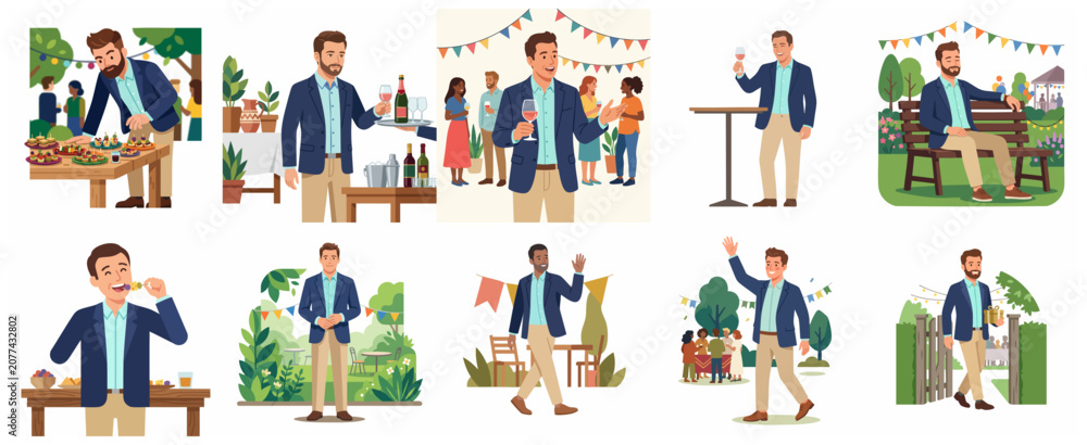 Fototapeta premium Collection of Man at Social Events and Garden Parties Illustration Set