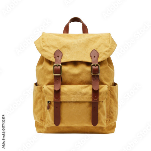 Mustard yellow canvas backpack with brown leather details isolated on transparent background