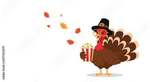 Funny cartoon turkey wearing a pilgrim hat and glasses holds a bucket of popcorn with falling autumn leaves against a clean white background.