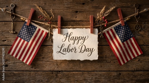 Happy Labor Day sign hanging on clothesline with American flags