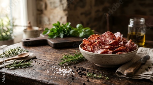 Bowl of sliced salami and cured meats on a rustic wooden table