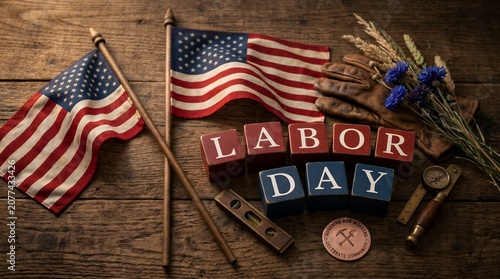 Labor Day wooden blocks with American flags and worker tools on wood