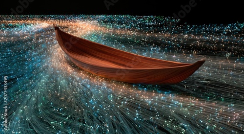Wooden Boat Drifting Through Bioluminescent Waters at Night.