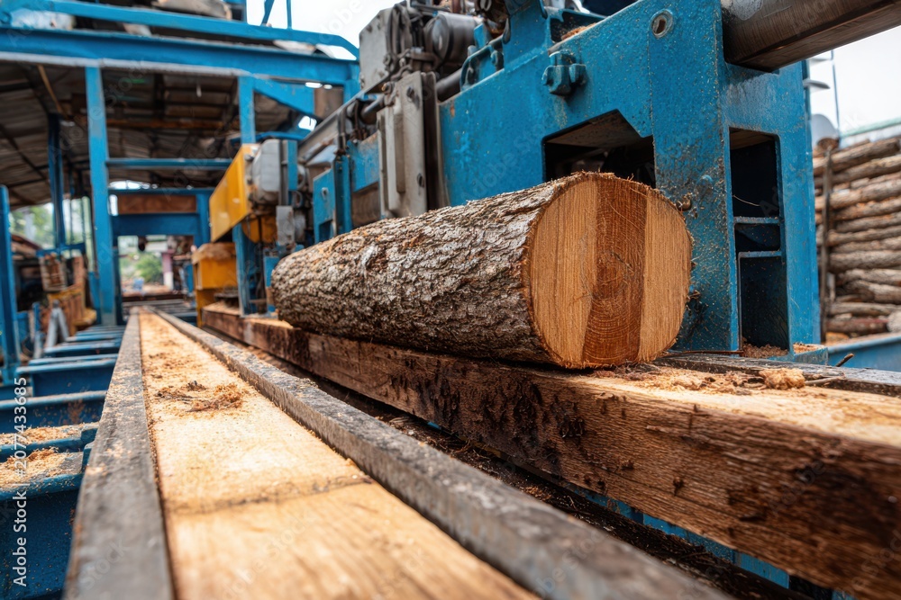 Fototapeta premium Close-up of a modern sawmill processing raw timber into wooden boards, showcasing industrial woodworking, lumber production, and sustainable wood manufacturing.