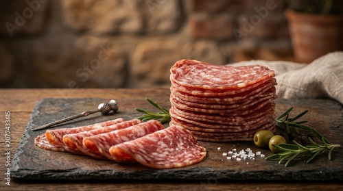 Stack of sliced salami on a dark slate board with olives and rosemary