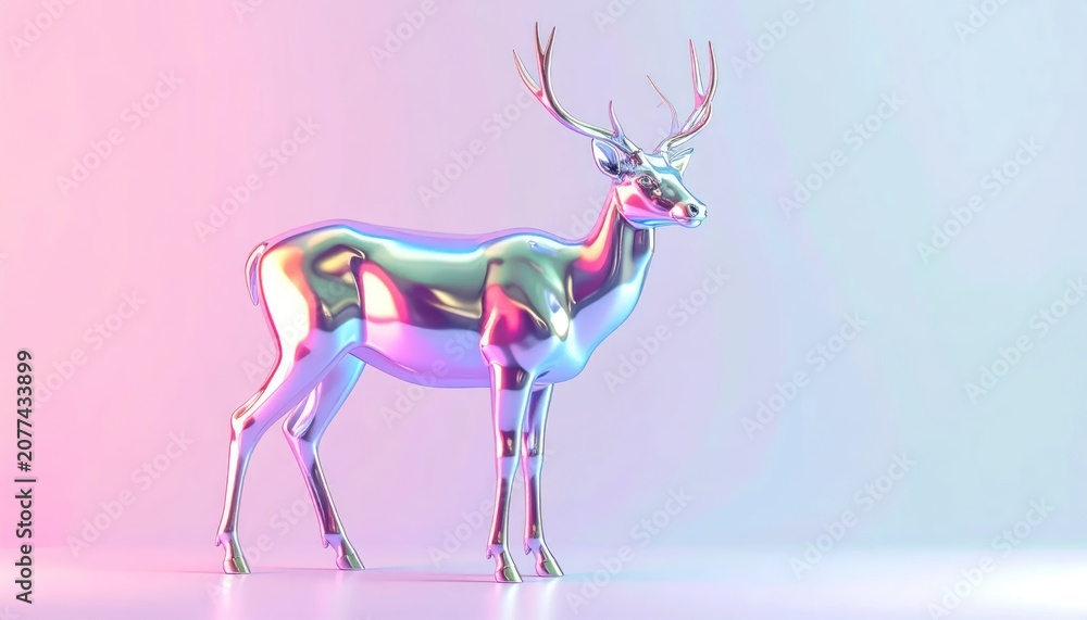 Obraz premium Iridescent Metallic Deer Standing on Pastel Studio Background