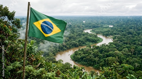 Brazilian flag overlooking the winding Amazon river and tropical rainforest