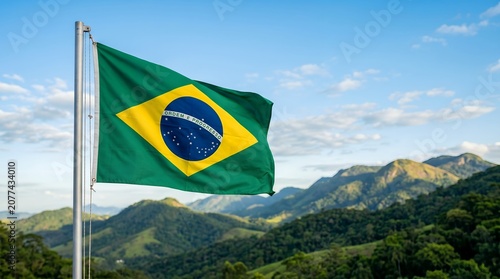 Brazilian flag waving against lush green mountain landscape