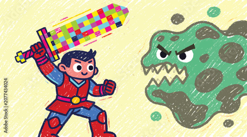 Quadro em tela Cartoon Boy Warrior with Pixelated Sword Fighting a Green Monster, Concept of Ga