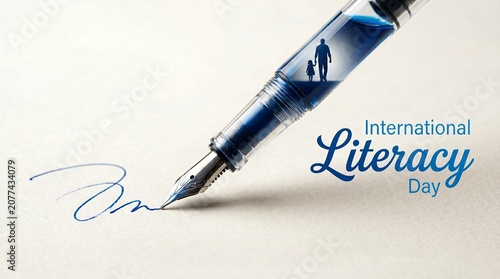 International Literacy Day concept with fountain pen and family silhouette