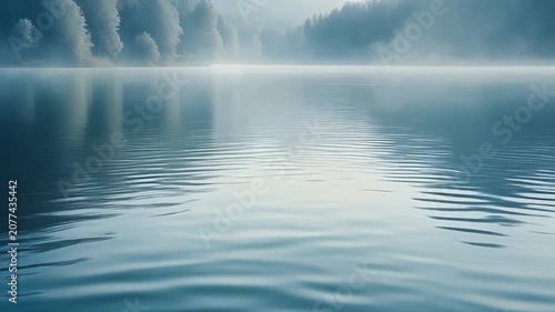 Serene landscape with a calm lake surrounded by a misty forest in the morning.