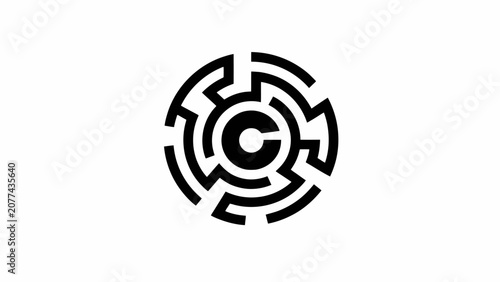 Black circular maze labyrinth logo icon on white
