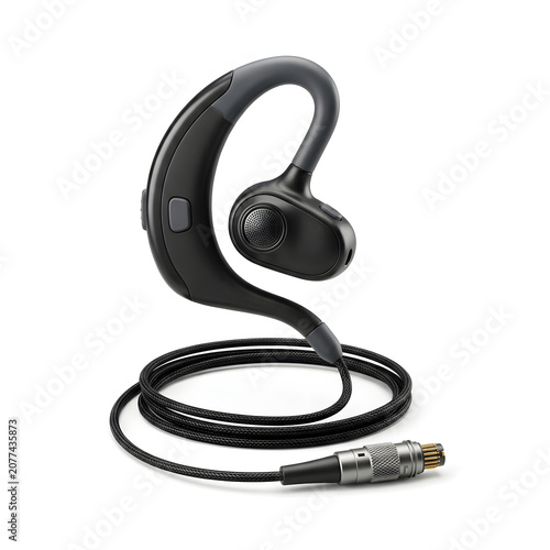 Professional single ear headset with braided cable on white background