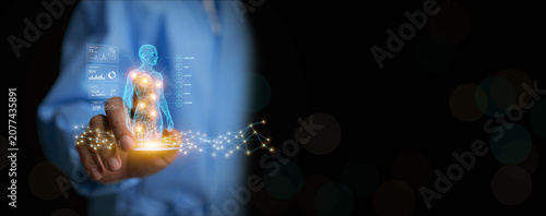 Digital health concept featuring virtual human body with AI powered patient monitoring, health analytics, biometric tracking, connected healthcare technology for preventive care, and digital medicine