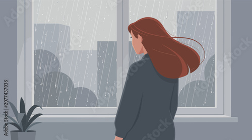 Photos Woman Looking Out Window at Rainy Cityscape, Reflecting on Loneliness and Melanc
