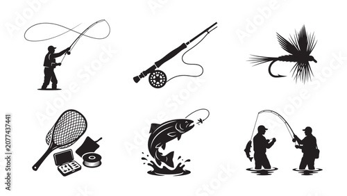 Set of monochrome fly fishing silhouettes and icons.