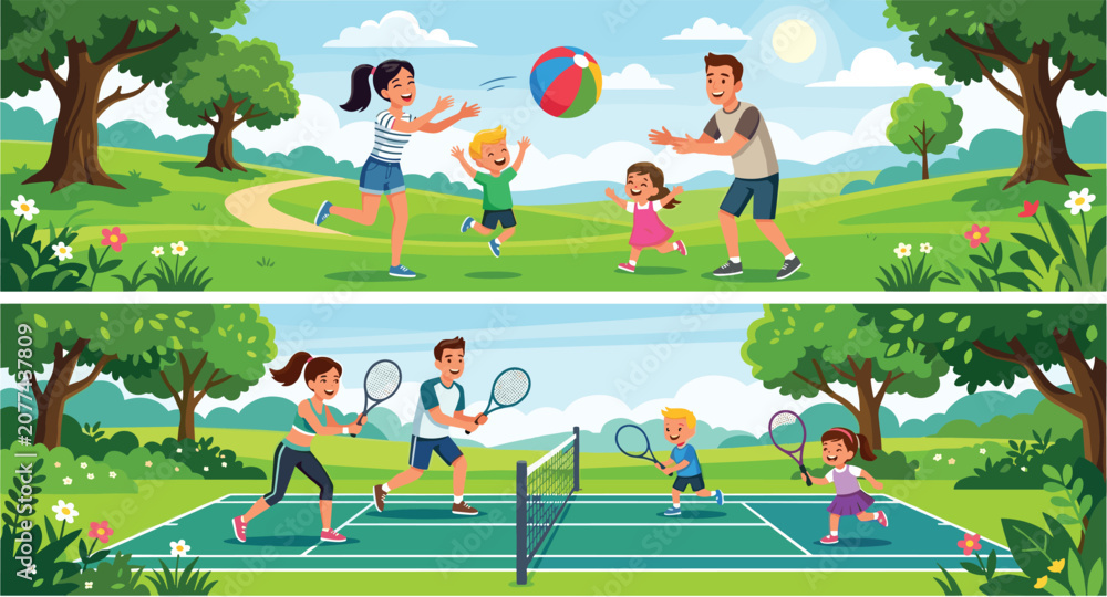Obraz premium Happy Family Playing Ball and Tennis Together in Summer Park Outdoor Activities Banners Set for Healthy Lifestyle and Recreation Vector Illustration