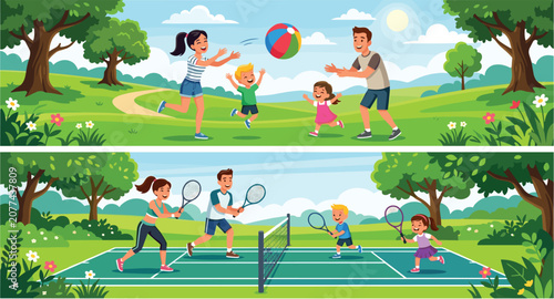 Happy Family Playing Ball and Tennis Together in Summer Park Outdoor Activities Banners Set for Healthy Lifestyle and Recreation Vector Illustration