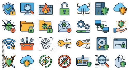 Digital security icons and symbols.