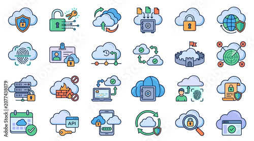Cloud computing security icons set.