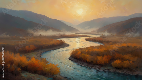 Impressionist oil painting of a winding river with dramatic reflections and rich texture capturing the essence of pastoral serenity
