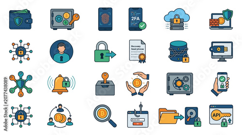 Digital security icons and symbols.
