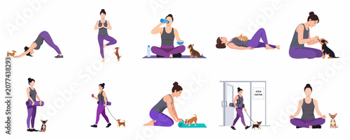 Bild auf Leinwand Yoga with Dog Illustration Set - Woman and Chihuahua Practicing Doga Exercises,