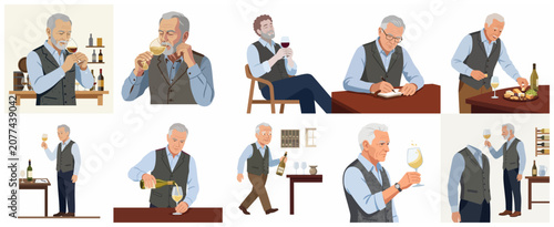 Tableau sur toile Senior Sommelier Tasting and Evaluating White Wine Vector Illustration Set