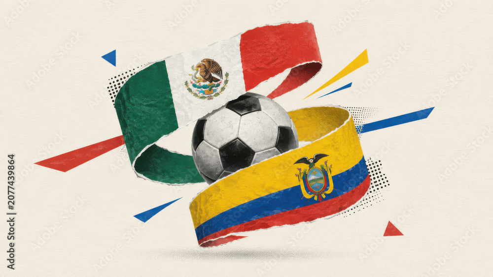 Obraz premium Mexico and Ecuador football match graphic with national flag colours, collage style illustration