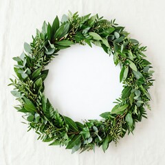 Greenery Wreath, Laurel Leaves and Eucalyptus, Circular Frame, Isolated on White Background
