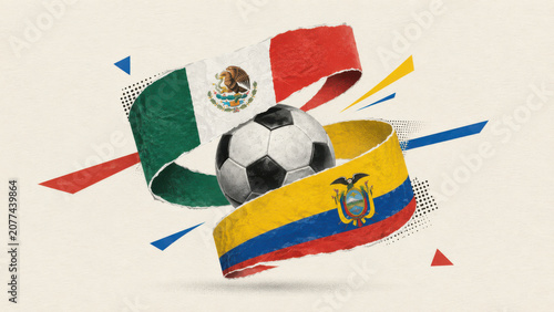 Mexico and Ecuador football match graphic with national flag colours, collage style illustration