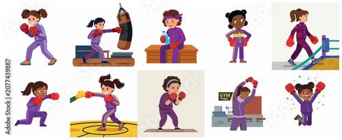 Set of diverse young girls boxing, training, and practicing martial arts in the gym, cartoon character vector illustration
