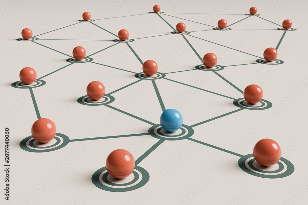 Fototapeta premium Blue sphere standing out in a network of red spheres
