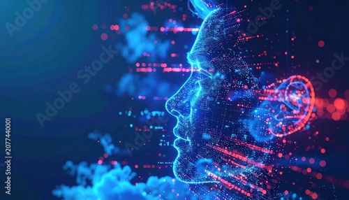 Glowing Digital Human Profile Formed with Neon Data Particles in Futuristic Technology Scene