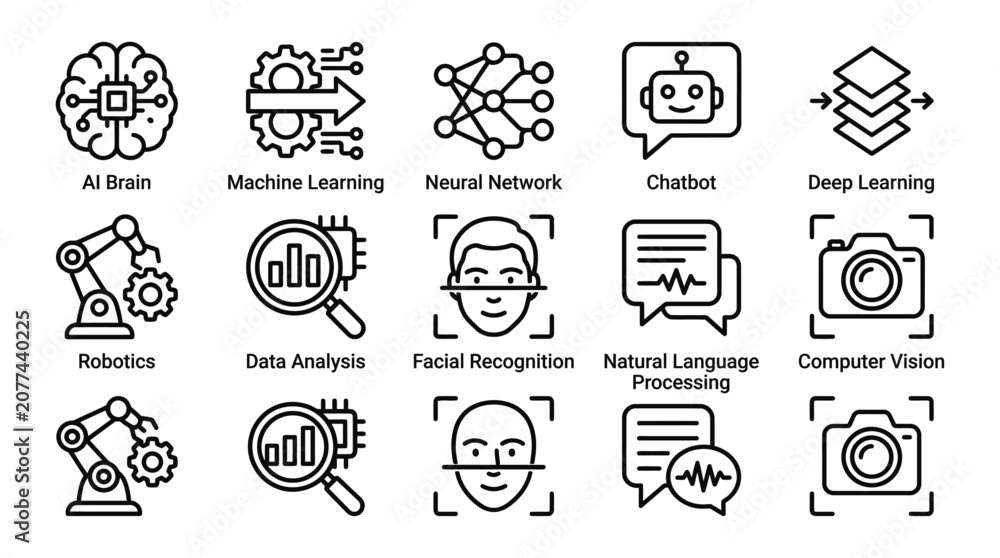Fototapeta premium Artificial Intelligence and Machine Learning Technology Line Icon Set