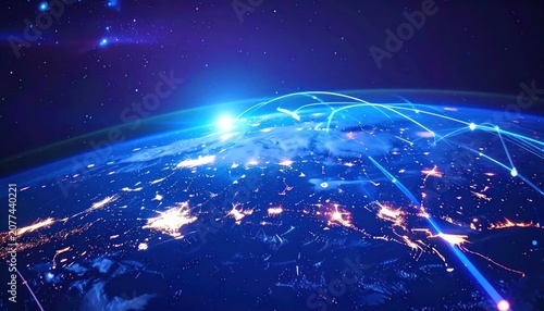 Glowing Digital Network Connections Spanning Earth Horizon in Outer Space