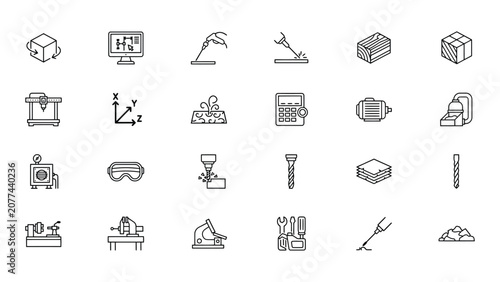 Konstfotografi CNC machining icons set, manufacturing tools and industrial equipment vector art