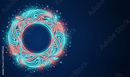 Tropical Palm Leaf Swirl Circle Frame Glowing in Coral and Teal on Dark Background
