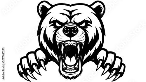 Foto Fierce Bear Mascot Head with Claws Black and White Vector Illustration
