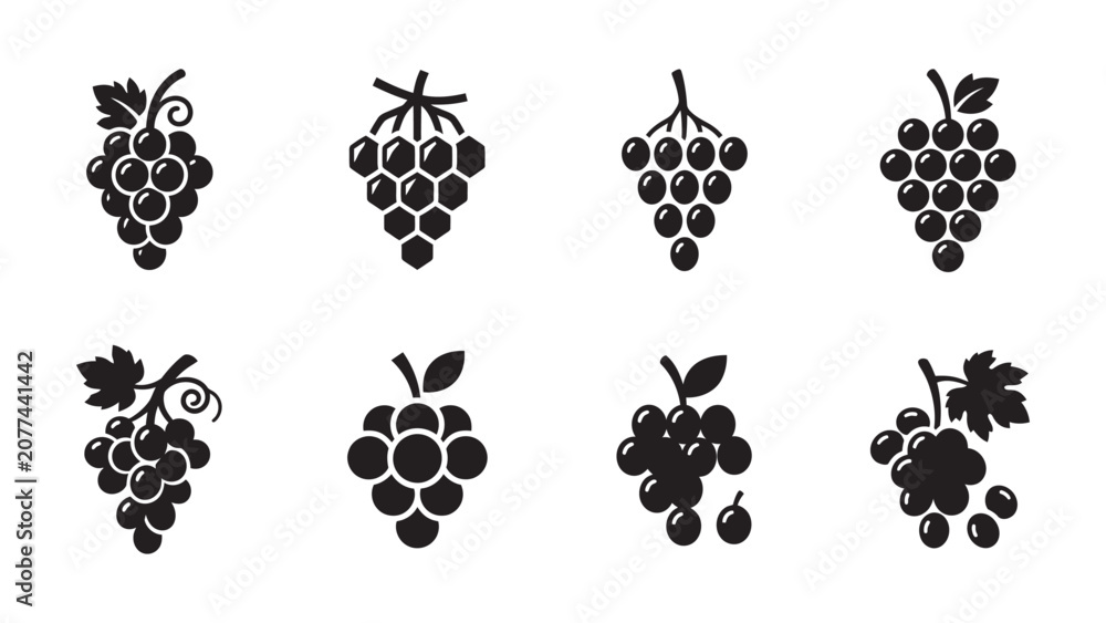 Fototapeta premium Set of Eight Black and White Vector Grape Icons.