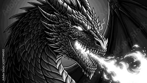 Foto Fierce Black Dragon Breathing Fire Illustration