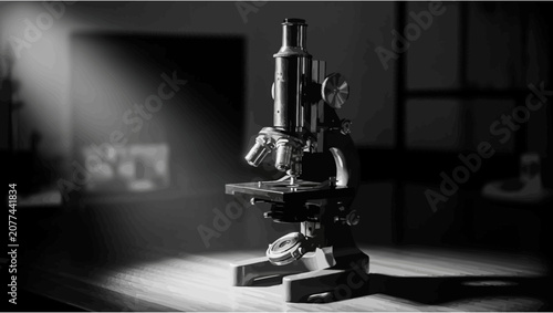 Canvas Print Classic Laboratory Microscope in Moody Low Light