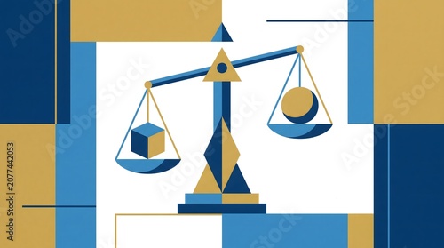 Conceptual illustration of a balance scale with a cube and a sphere, representing fairness, equilibrium, and decision-making