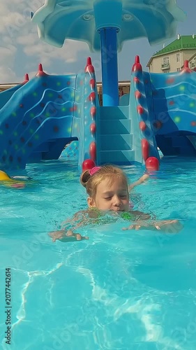 Happy girl swims and splashes in blue hotel pool. Child plays in water. Summer vacation holiday travel. Vertical shot