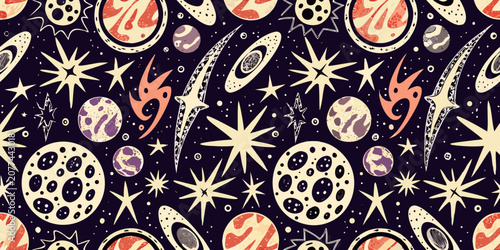 Schilderij op canvas Retro Space Pattern With Planets Stars And Comets Vector Illustration