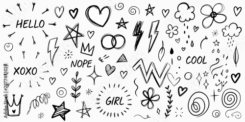 Photos Black Hand Drawn Doodle Elements And Handwritten Words Sketch Style
