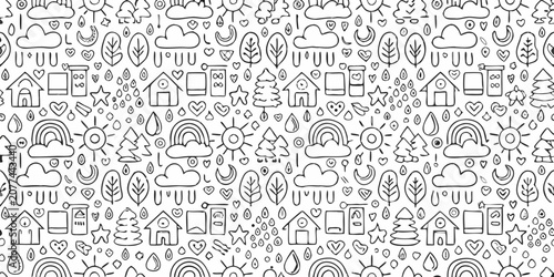Whimsical doodle pattern featuring houses clouds and leaves black and white