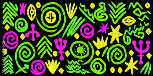 Konstfotografi Neon doodle pattern on black background vibrant vector illustration