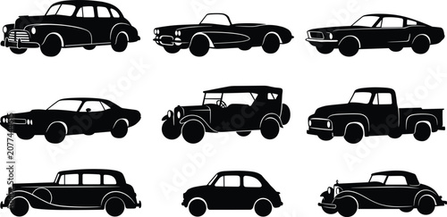 Fotografía Classic vintage cars black silhouette vector illustration collection featuring o