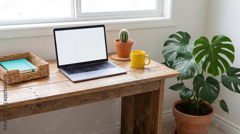 Fototapeta premium Sustainable Minimalist Desk with Blank Laptop and Bright Accessories for Eco Friendly Workspace Mockup Backgrounds